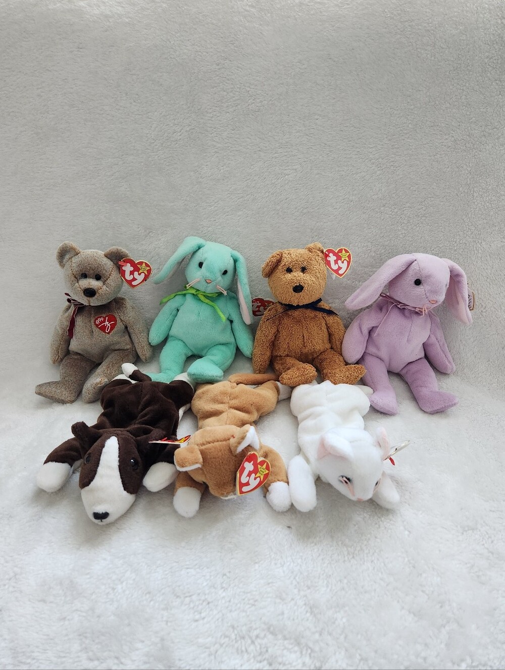 TY Beanie Babies Lot 7 Hippity Floppity Fuzz Bruno Nip Flip 1999 Signature Bear!